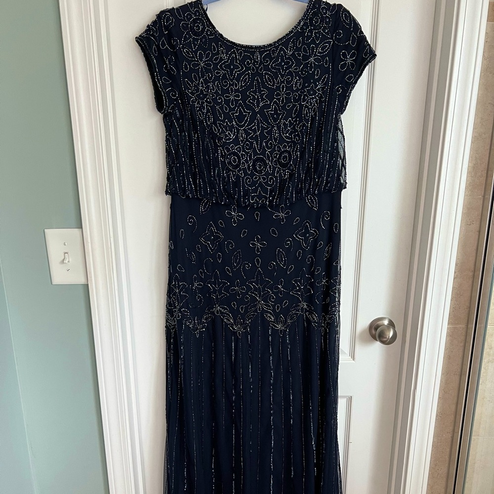 Navy floor length beaded Adrianna Papell dress